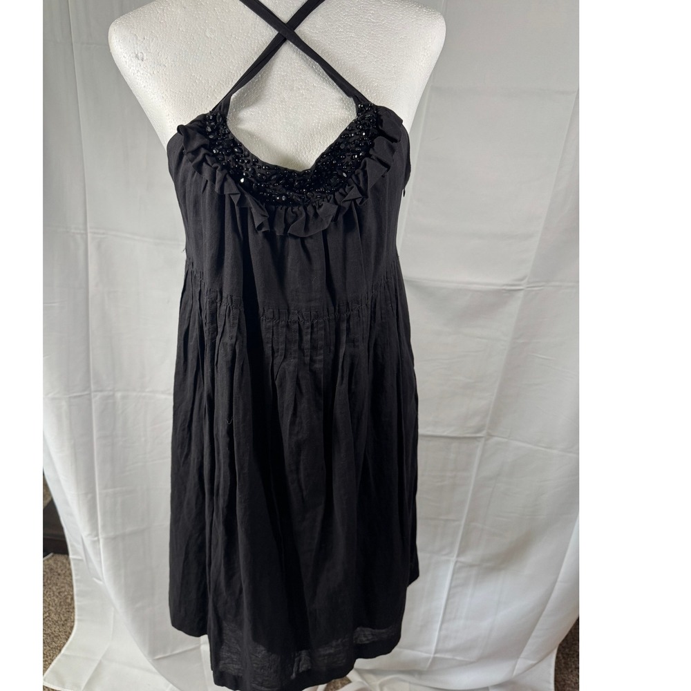 Kensie Pretty Black Dress Halter Neck‎ Beaded Ruffle Sleeveless Casual Medium